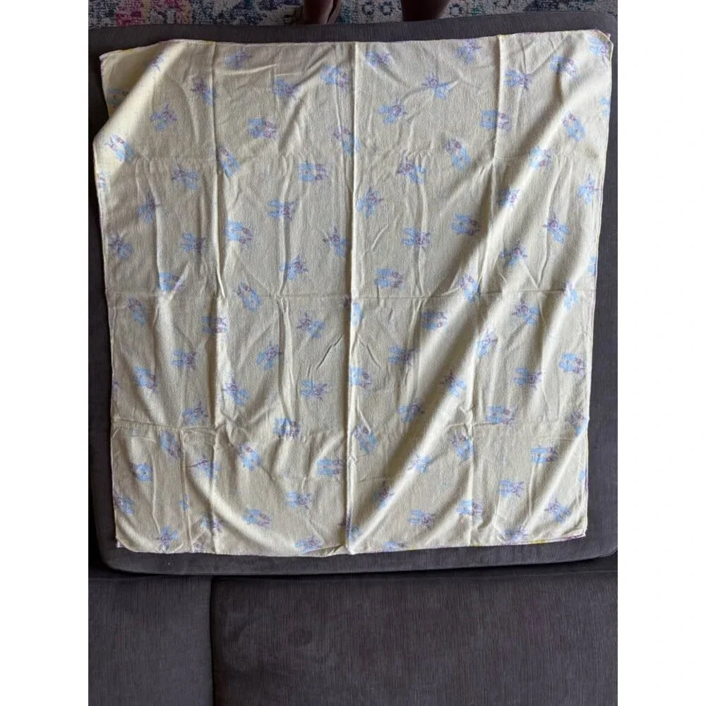 Vintage Yellow Baby Blanket Flannel Receiving Swaddle Blue Character Print Rare